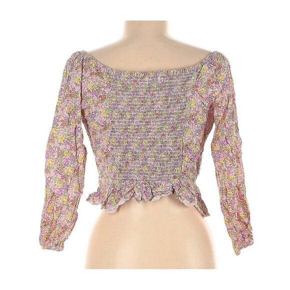 Japna Floral Smocked Off Shoulder Top Shirt Womens Medium Adjustable Tie - Picture 2 of 6